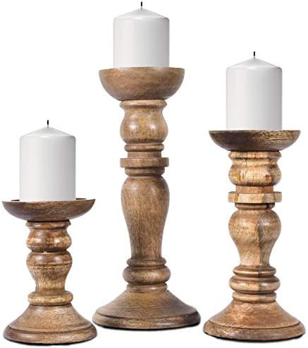 Decorative Wooden Candle Holders, Set of 3 – Hand Crafted Wood Candle Holders for Living Room, Table | Amazon (US)