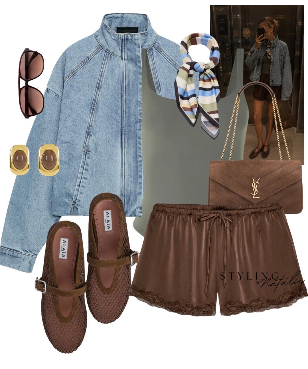 Denim bomber jacket, green bodysuit, brown satin shorts with lace trim, YSL suede bag and mesh ballet flats.

#LTKuk #LTKsummer #LTKeurope