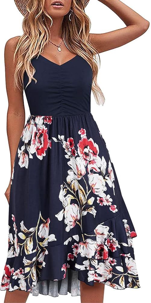 IHOT Casual Dresses for Women Sleeveless V Neck Floral Summer Beach Dress A Line Spaghetti Strap Sun | Amazon (US)