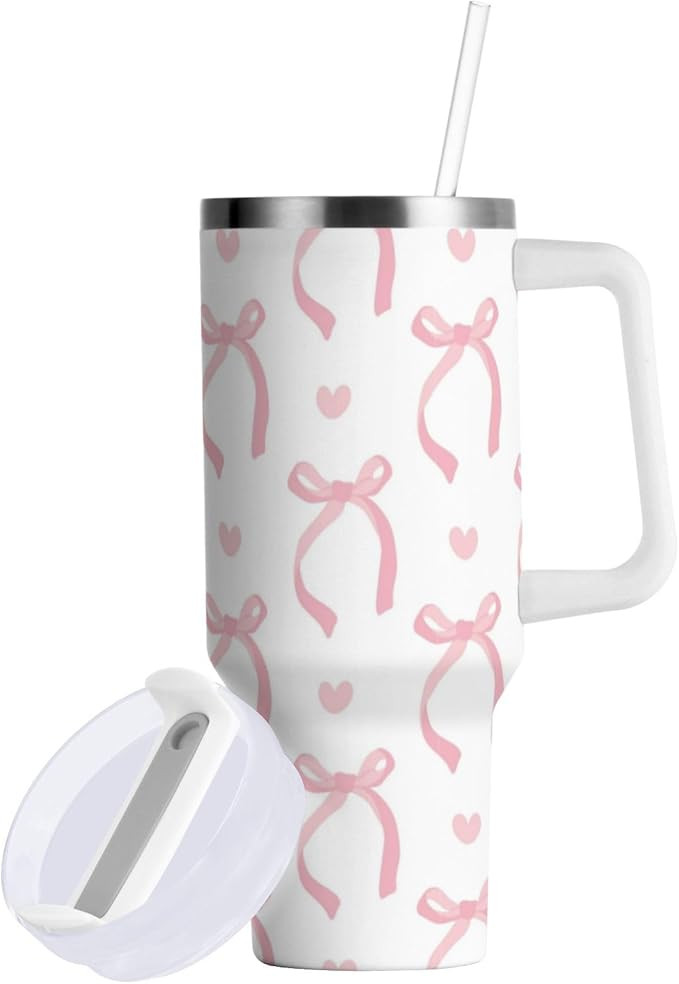 Wusikd Cute Pink Tumbler Handle Lid and Straw Ribbon Bow Water Bottle Stainless Steel Coffee Trav... | Amazon (US)