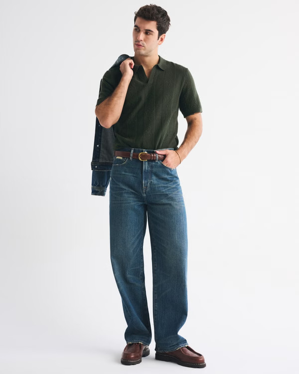 Men's Textural Striped Johnny Collar Sweater Polo | Men's | Abercrombie.com | Abercrombie & Fitch (US)