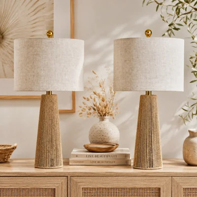 Arcola 25.8 in. Brown boho Metal Fabric For Bedroom/Living Room Bedside Desk Nightstand Hardware Paper Rope Table Lamp With Linen Drum Shade | Wayfair North America