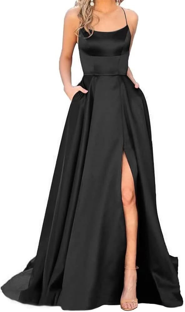 JASY Women's Spaghetti Satin Long Side Slit Prom Dresses with Pockets | Amazon (US)