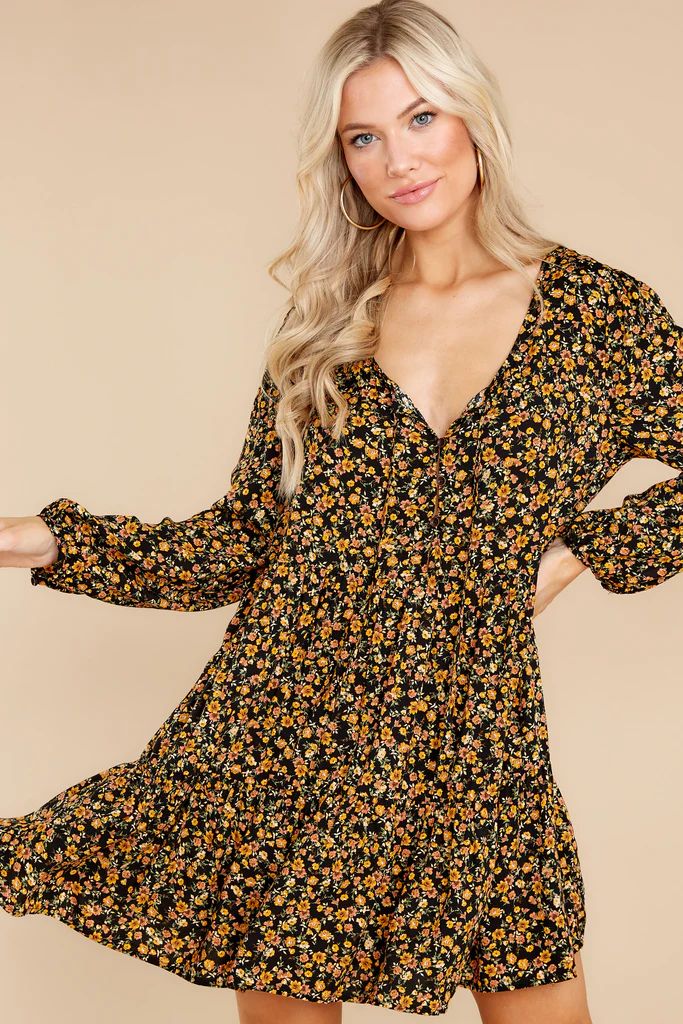 Streetside Sonnet Black And Yellow Floral Print Dress | Red Dress 