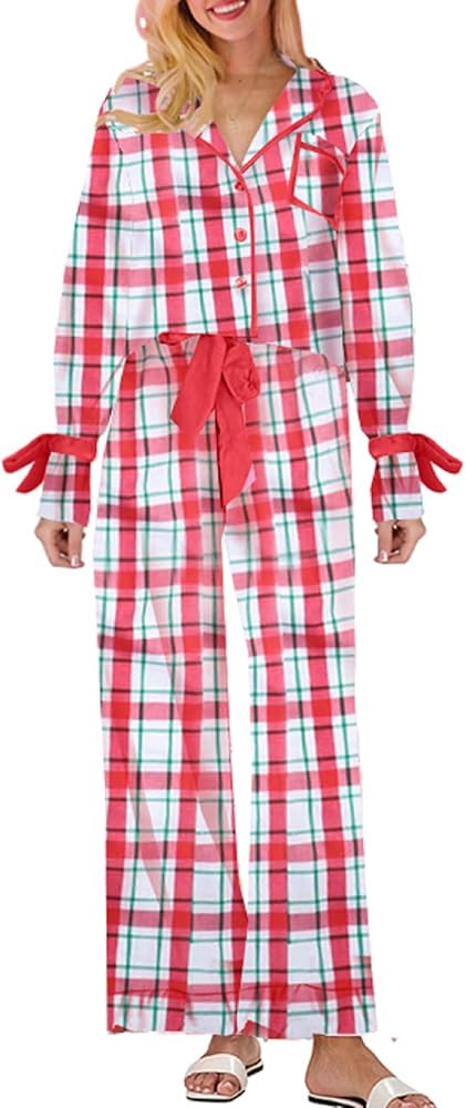 KMBANGI Women Santa Bow Tie Pajama Set Christmas Long Sleeve Shirt Pants Pj Silky Satin Graphic 2... | Amazon (US)