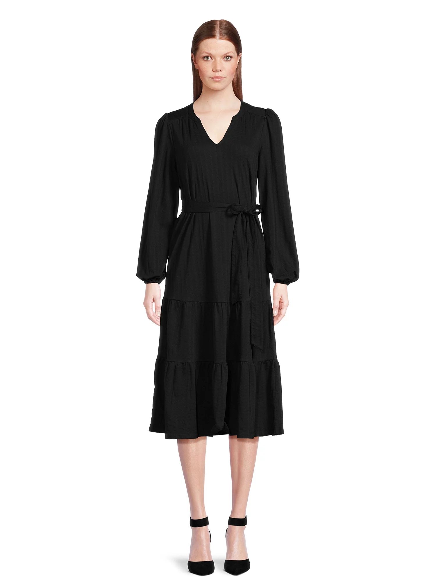 Time and Tru Women's Long Sleeve Textured Midi Dress | Walmart (US)