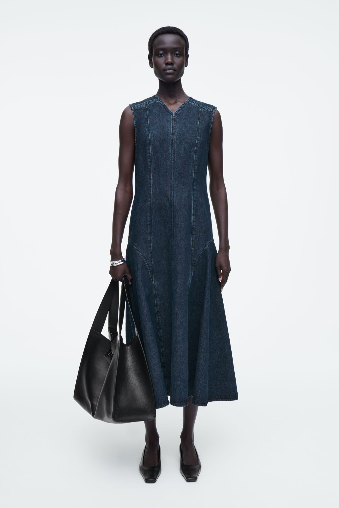 DROPPED-WAIST DENIM MIDI DRESS - BLUE - COS | COS UK