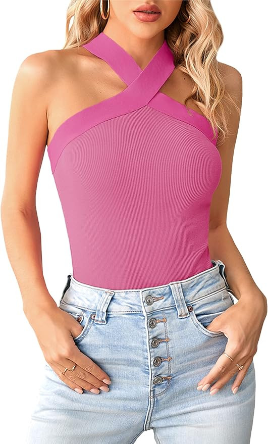 Bodosalia Women Criss Cross Halter Tank Top Solid Ribbed Sleeveless Shirts Summer Casual Basic Ca... | Amazon (US)