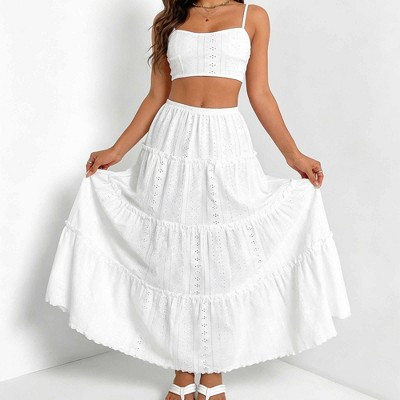 Womens Summer Eyelet Tiered Maxi Skirt Boho A-Line Midi Skirt,M,White | Target