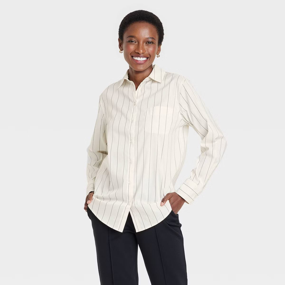 Women's Slim Fit Boyfriend Tailored Long Sleeve Button-Down Shirt - A New Day™ Cream/Black Pins... | Target