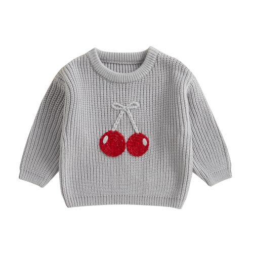 Toddler Baby Girl Embroidery Cherry Sweaters Crew Neck Jumpers Spring Casual Long Sleeve Knitted Pullover Tops (Gray, 6-12 Months) | Amazon (US)