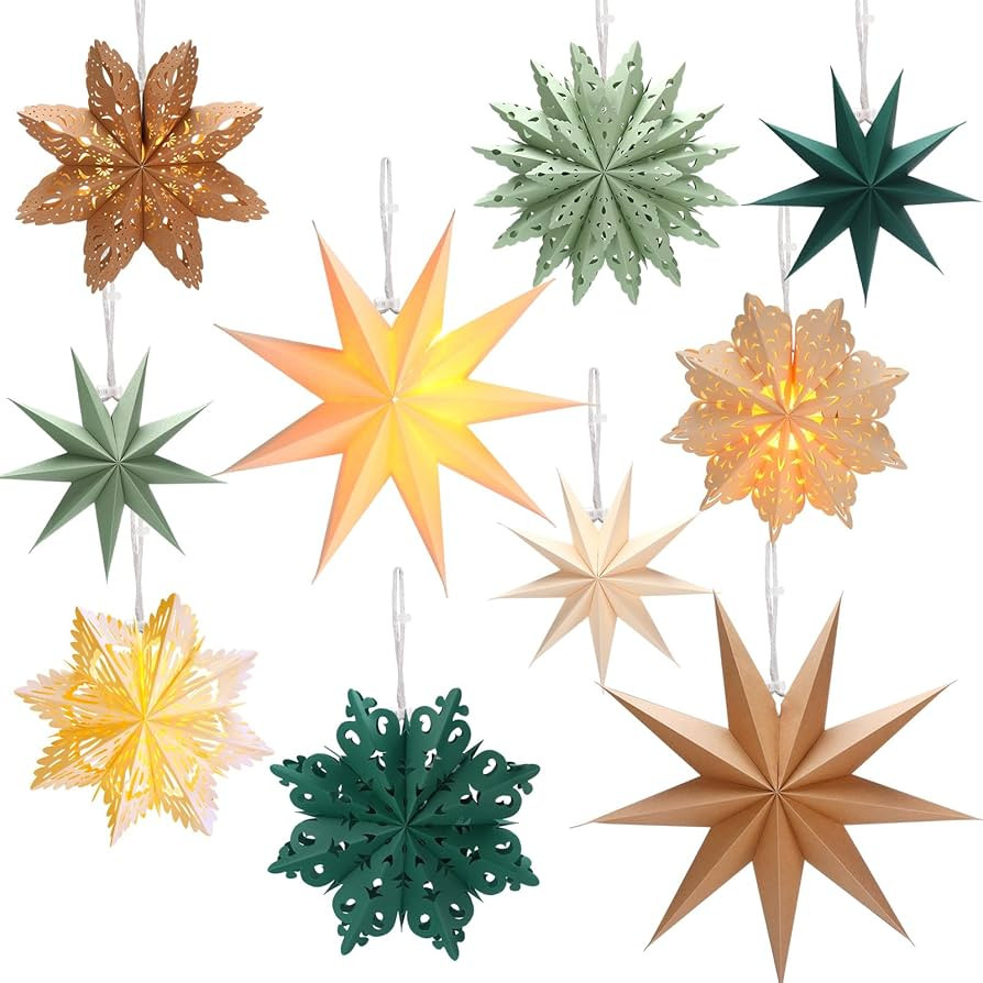 Leinuosen 10 Set Christmas Snowflake Paper Lantern Star Paper Lantern with 10 LED Lights Lamp Sta... | Amazon (US)