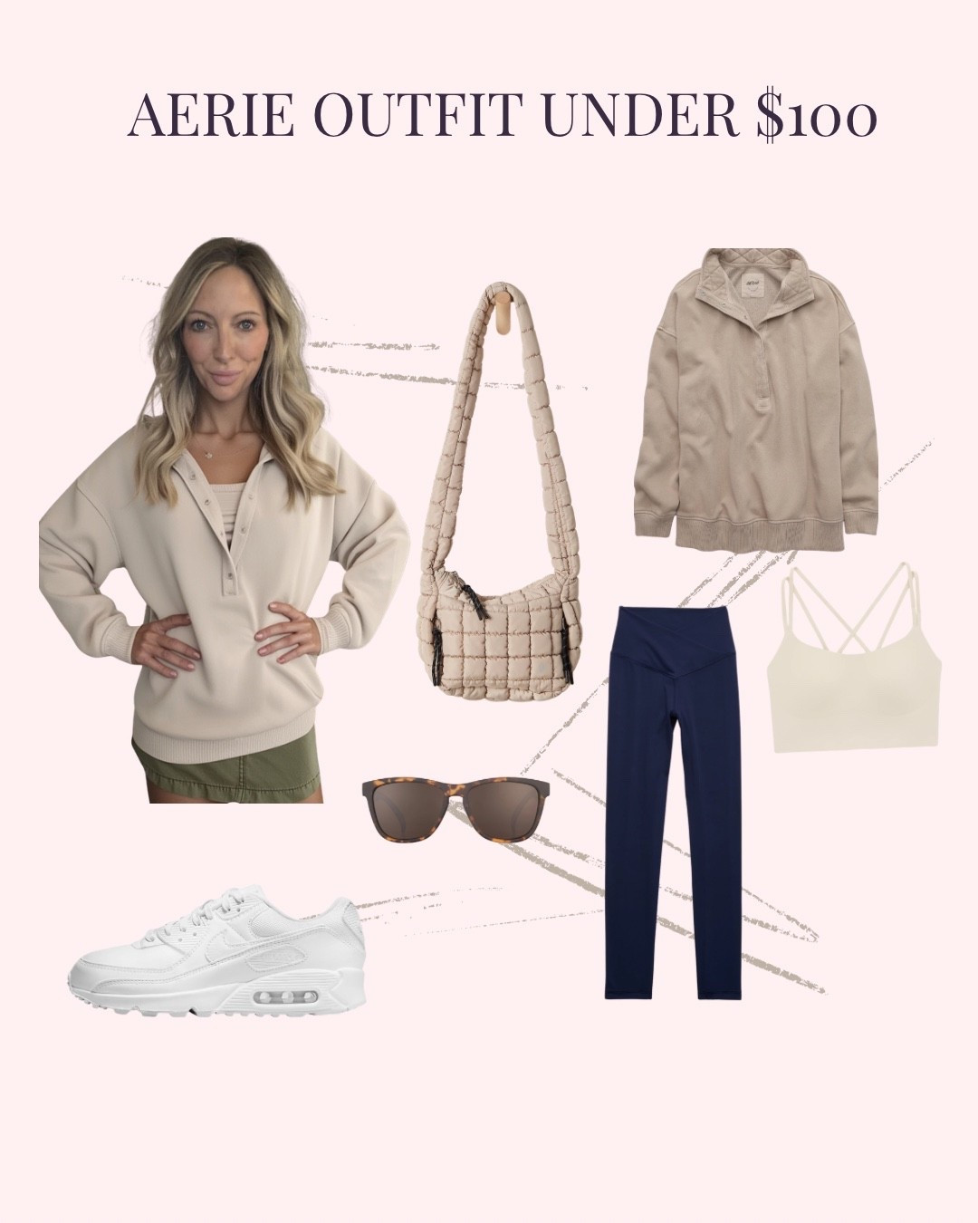 Aerie Outfit Under $100

These 3 Aerie pieces are under $100 and are such a good mix of comfy, cute, and budget-friendly. The sweatshirt, longline bra, and crossover leggings together come in under $100 — which makes this the perfect everyday outfit for school pickup, errands, travel, or just staying cozy at home.

The sweatshirt has that soft, relaxed fit Aerie is known for, the longline bra gives great support without feeling tight, and the crossover leggings are incredibly flattering on everyone. If you love affordable, comfy basics that still look put together, this Aerie combo is a must.

Finish off the look with comfy sneakers, a quilted purse and sunglasses!

✨ All Aerie outfit pieces are linked — sweatshirt, longline bra, and leggings.

#LTKFindsUnder100 #LTKCyberWeek #LTKGiftGuide