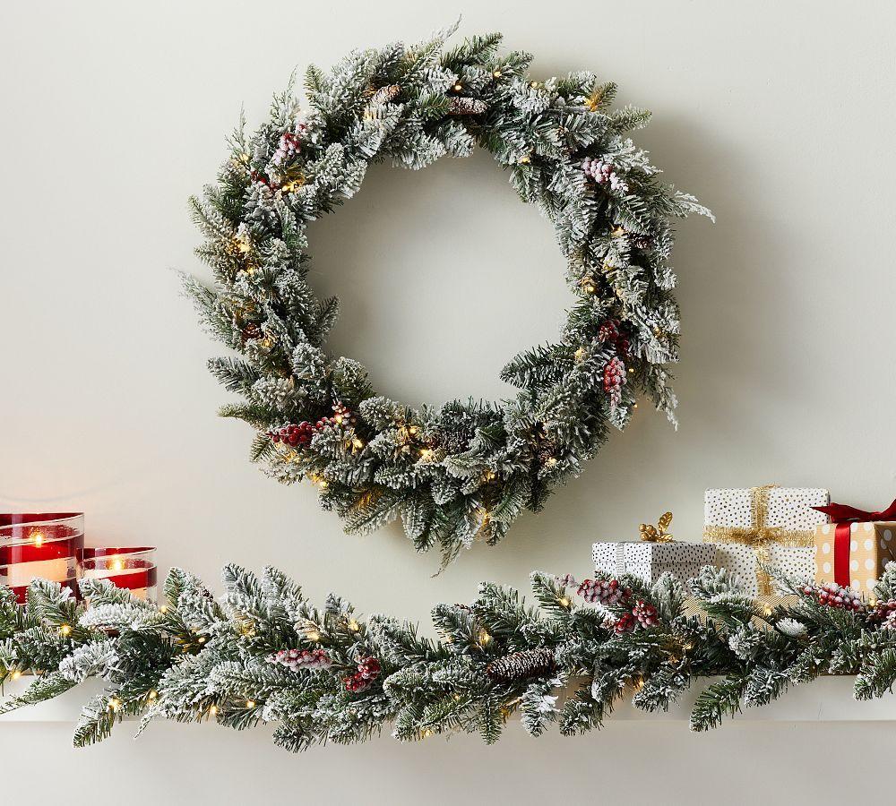 Lit Faux Frosted Pine and Berries Wreath & Garland | Pottery Barn (US)