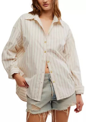 Free People Women's We the Free Striped Varsity Vibes Shirt, Ivory, Medium | Belk