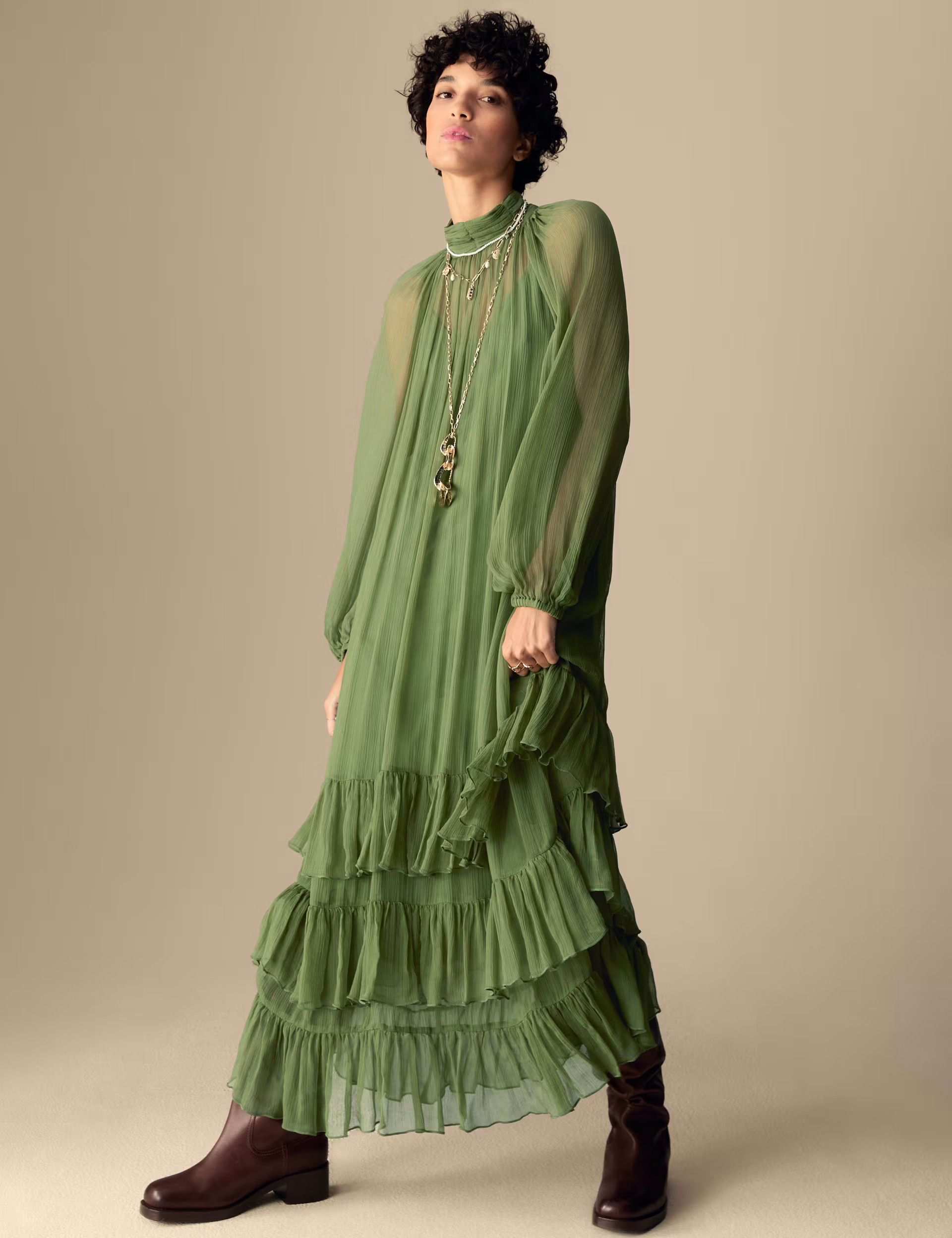 Cupro High Neck Ruffle Midaxi Tiered Dress | Marks & Spencer (UK)