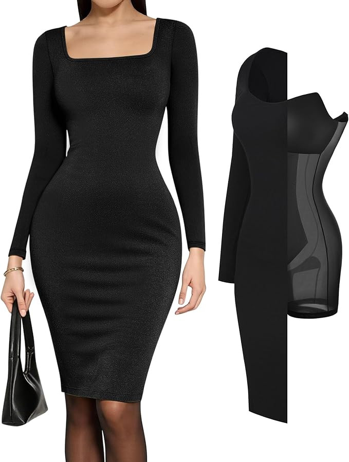 Popilush Dress Party Dresses for Women Long Sleeve Midi Bodycon Square Neck Shapewear Tummy Contr... | Amazon (US)