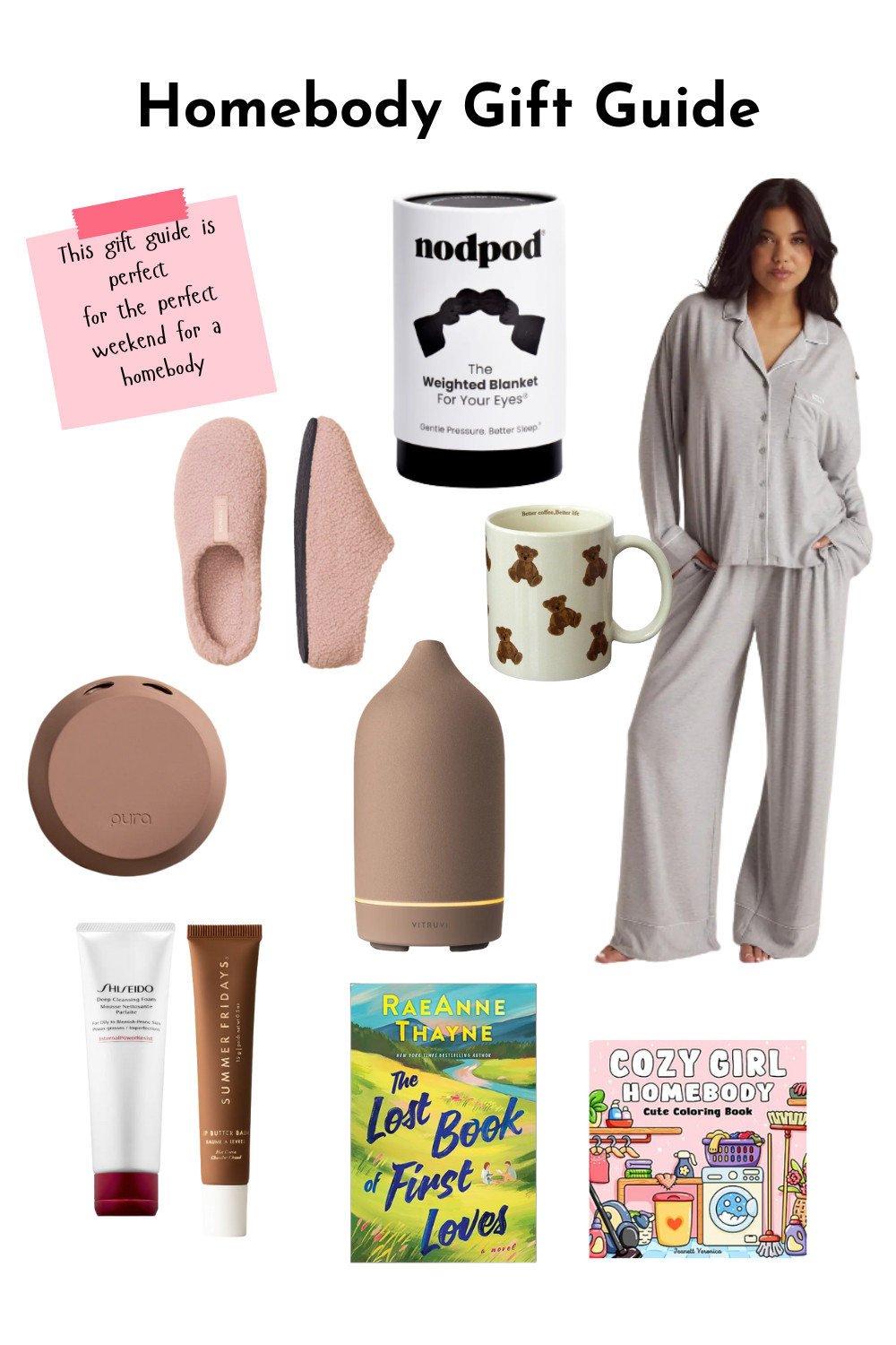 This is a homebody gift guide of things I would get for myself or for friends. It includes pajamas, hobby items such as books and coloring books, self care items such as a face cleanser, and mood setting items like a diffuser. 

This would be a perfect gift basket item for the homebodies in your life.  

 #LTKGiftGuide #LTKHoliday #LTKselfcare