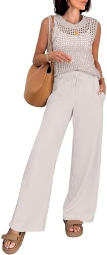 ANRABESS Women 2 Piece Summer Outfits 2026 Crochet Sweater Vest Wide Leg Pants Lounge Matching Se... | Amazon (US)