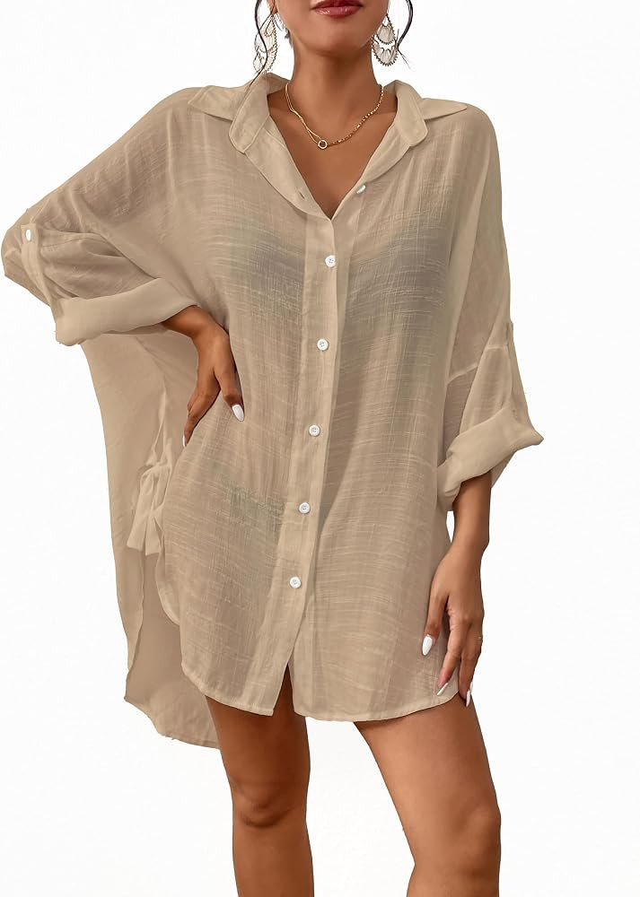 Bsubseach Women Button Down Beach Shirt Cover Up for Swimwear Blouse Tops | Amazon (US)