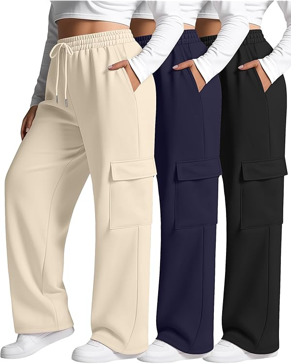 Neer 3 Pack Women's Plus Size Cargo Sweatpants Wide Leg Drawstring Bottom Pants Baggy Loose Casua... | Amazon (US)