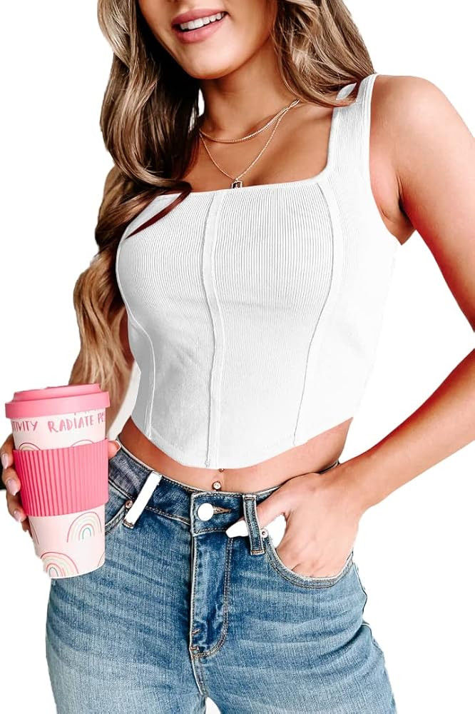 Wihion Women Sleeveless Crop Tanks Sexy Square Neck Slim Bustier Summer Ribbed Corset Tops | Amazon (US)