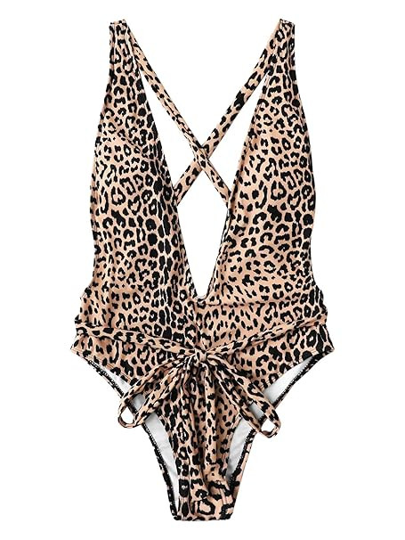SweatyRocks Women's Sexy Bathing Suits Criss Cross Tie Knot Front Deep V Open Back Leopard One Pi... | Amazon (US)