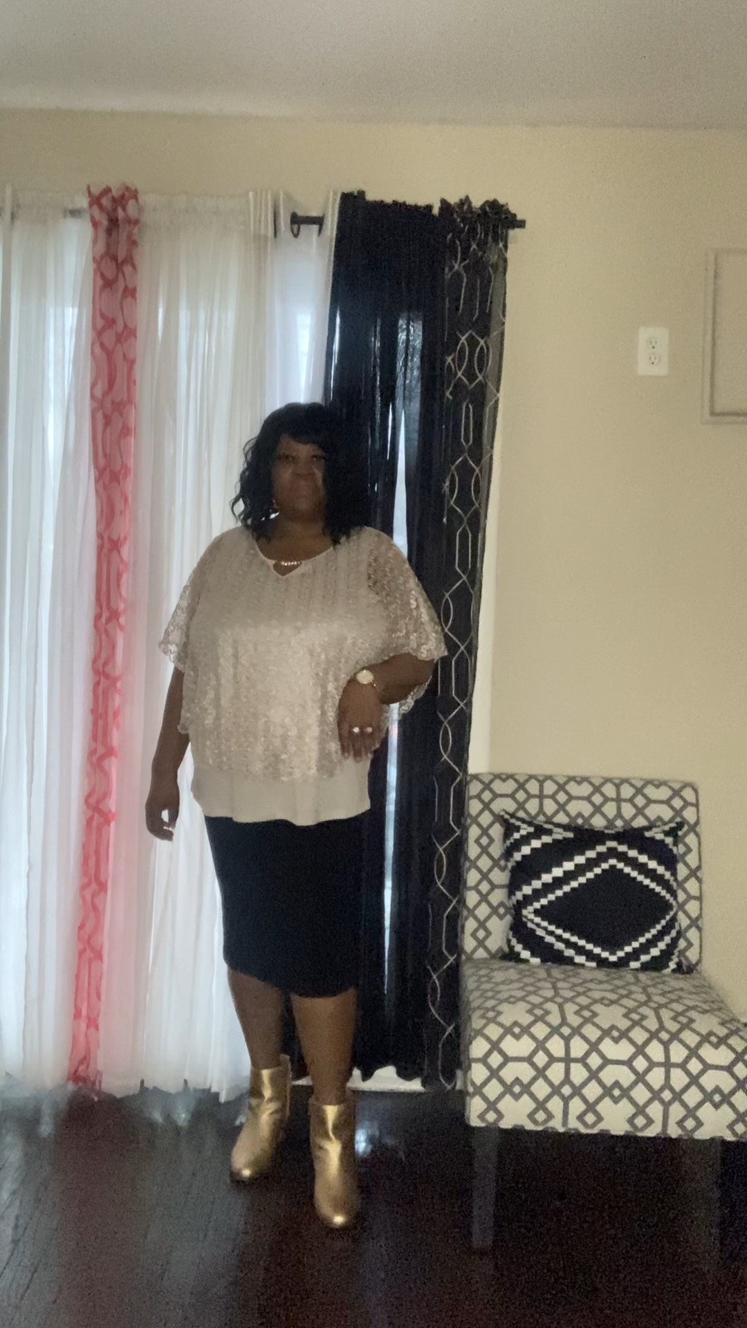 Plus size lace top with black skirt and gold boots.#LTKootd

#LTKPlusSize #LTKOver40