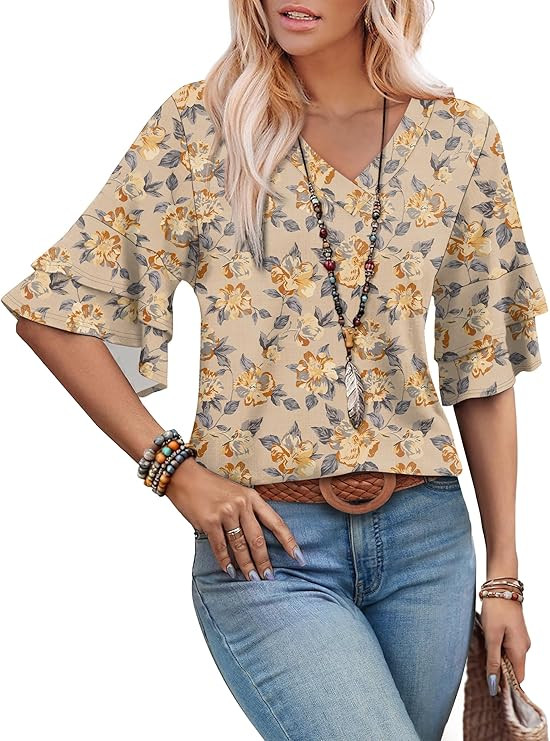 OFEEFAN Spring Tops for Women Boho Shirts Fashion Clothing Cute 3/4 Length Sleeve Blouses Dressy ... | Amazon (US)