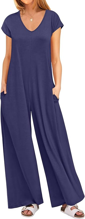 ANRABESS Jumpsuits for Women 2026 Summer Casual Loose Cap Sleeve Crewneck Wide Leg Rompers Jumper... | Amazon (US)