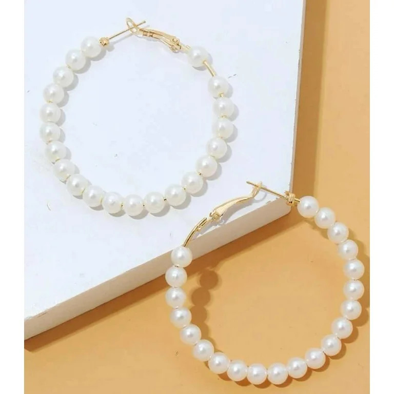 Pierced 2" gold and cream pearl hoop earrings | Walmart (US)
