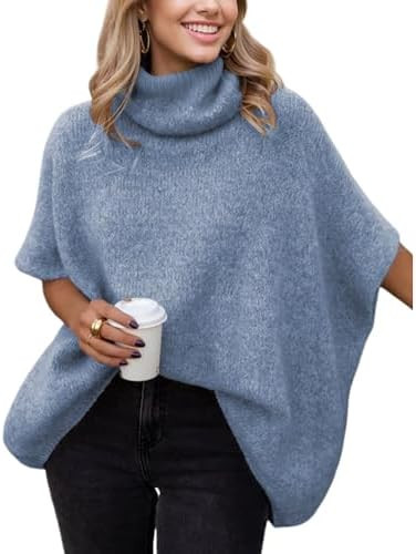 Womens Turtleneck Sweater Oversized Chunky Batwing Sleeve Short Tops | Amazon (US)