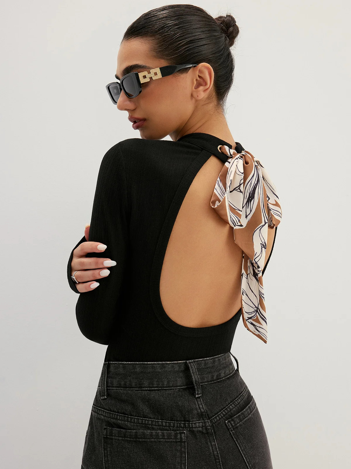 Back Cutout Printed Bow High Neck Top | Commense