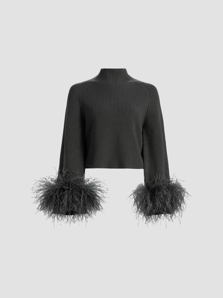 LaPointe Women's Feather-Cuff Mock Turtleneck Wool Sweater - Pine - Size XL | Saks Fifth Avenue