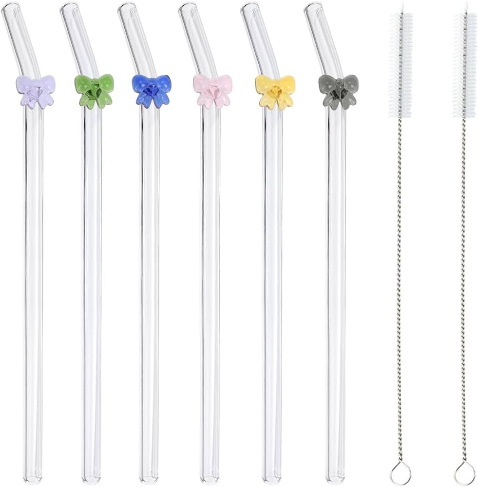 6 Pcs Reusable Glass Straws with 2 Cleaning Brushes,Colorful Shatter Resistant Bend Straws for Co... | Amazon (US)