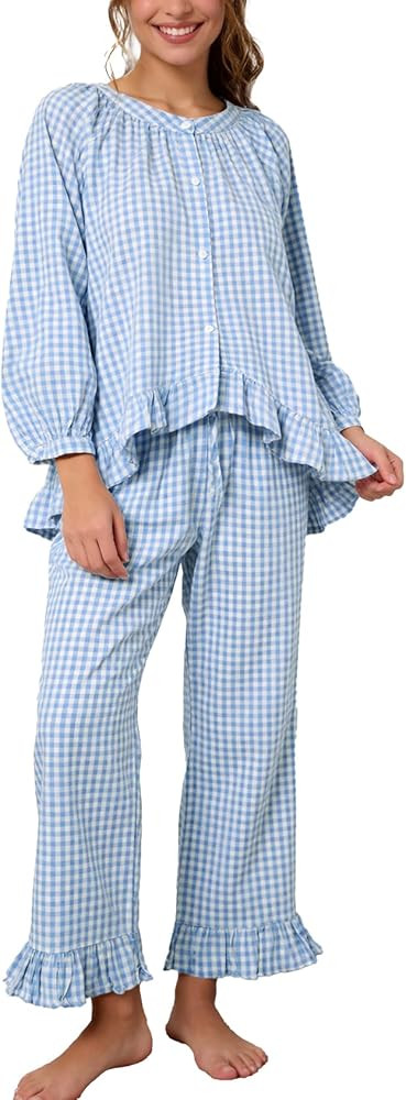Flygo Womens Plaid Pajamas Sets 2 Piece Cotton Pj Set Puff Sleeve Ruffle Babydoll Shirt Gingham P... | Amazon (US)