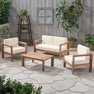 Noble House Genser Brown 4-Piece Acacia Wood Patio Conversation Set with Beige Cushions 68574 | The Home Depot