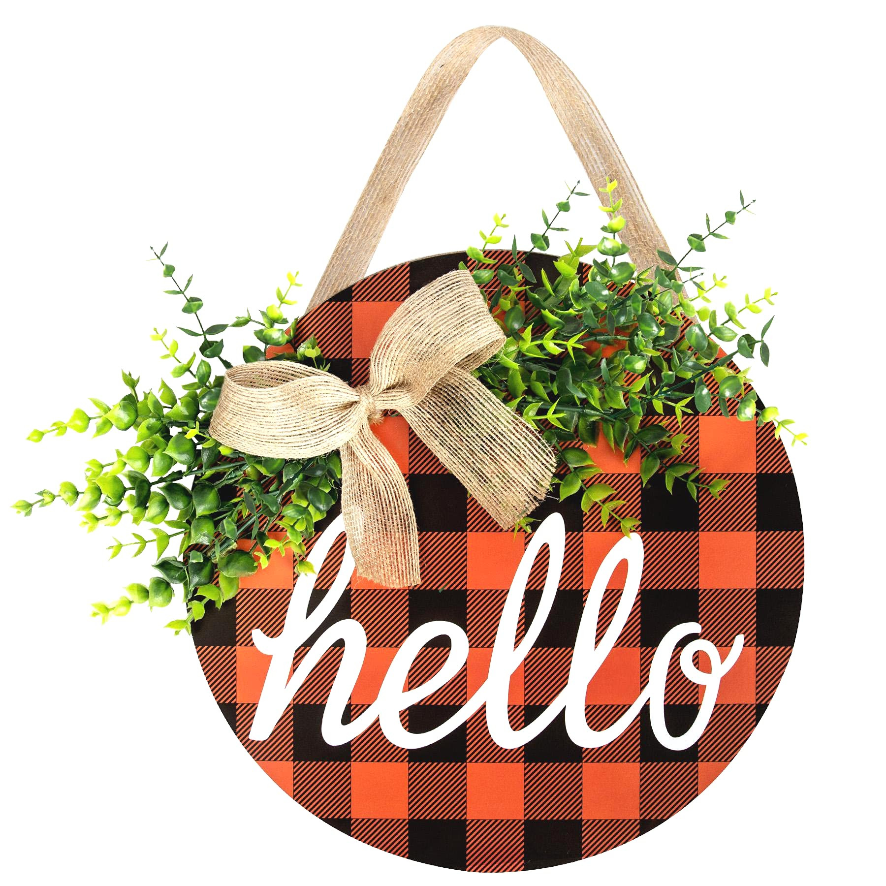 Thanksgiving Decorations Fall Wreaths for Front Door Hello Sign Orange Buffalo Check Plaid Welcome S | Amazon (US)