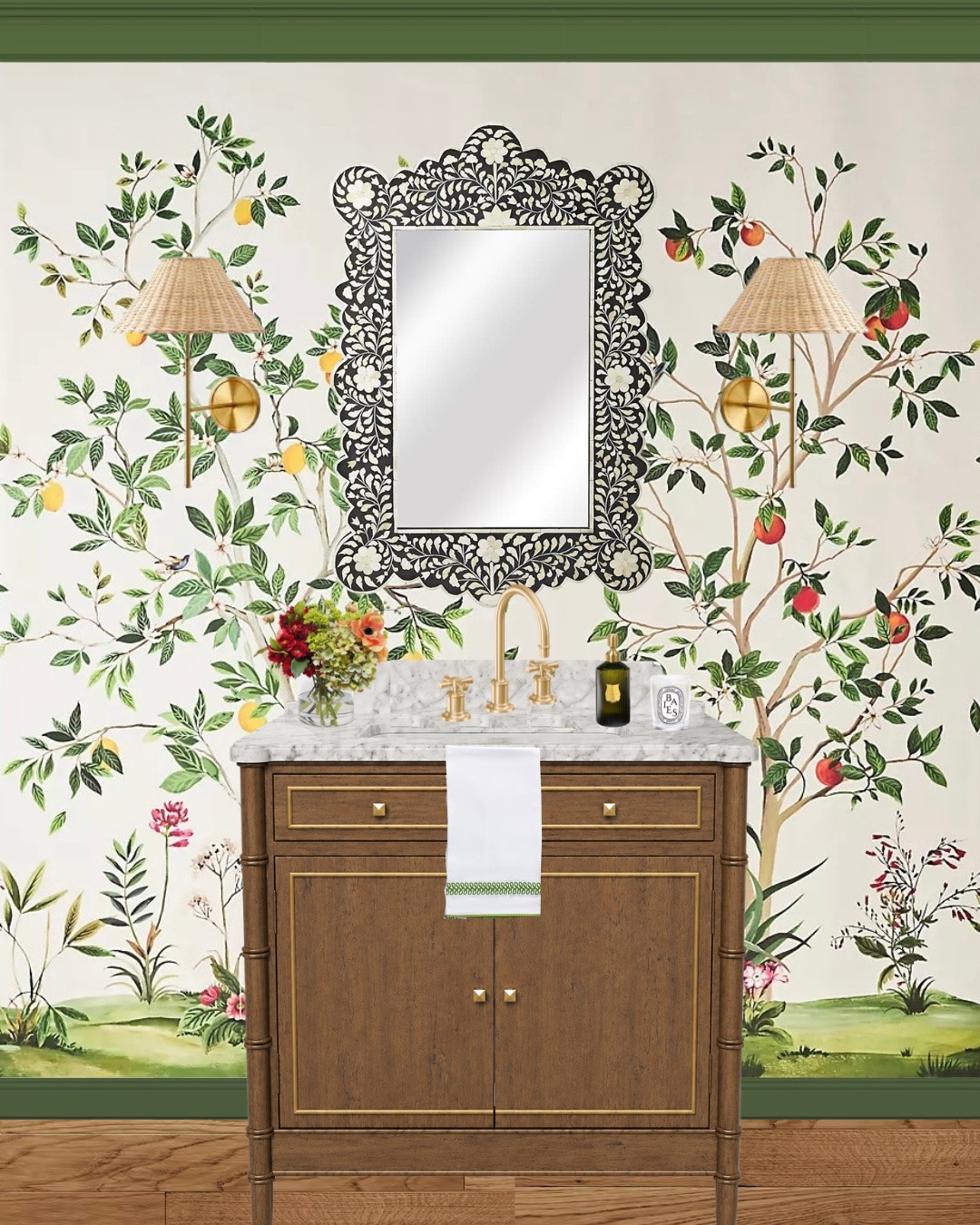 Collected, colorful and full of charm 🍋🌿 This powder bath layers chinoiserie-inspired wallpaper, warm wood tones, woven shades, marble and brass accents for a timeless look that feels both classic and playful. I love how the darker vanity grounds all of the pattern and color while the vintage-style mirror adds just the right statement. 

#powderroom #powderbath #traditionalhome #chinoiserie #wallpaper #bathroomdesign #classicinteriors #grandmillennial #collectedhome #maximalistdecor #homedecorideas

Bamboo vanity, statement mirror, rattan sconce, green hand towel, chinoiserie mural

#LTKHome #LTKSaleAlert