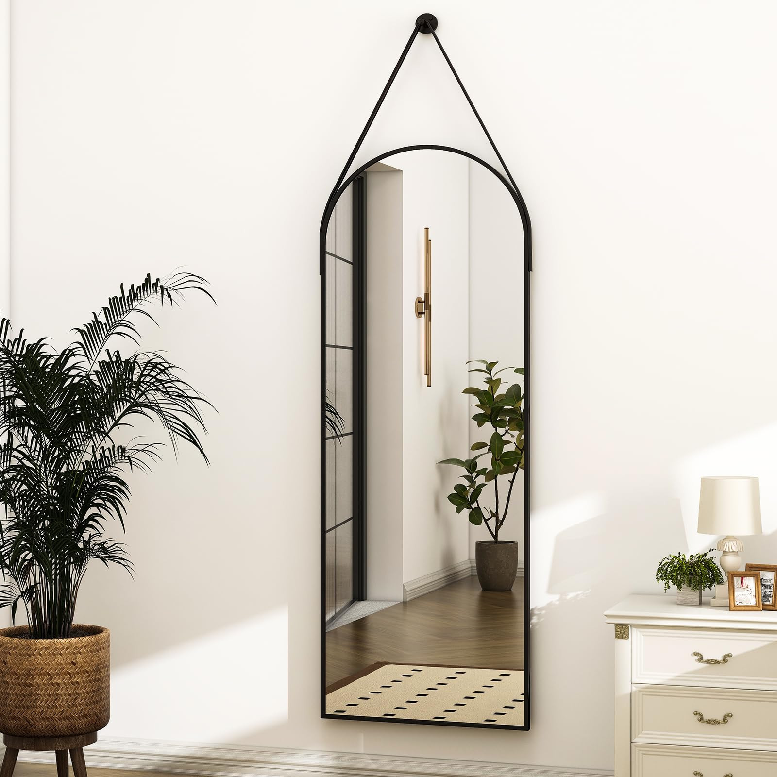 HARRITPURE 16"x48"Arched Mirror with Hanging Leather Strap Full Length Mirror Aluminum Frame Wall... | Amazon (US)