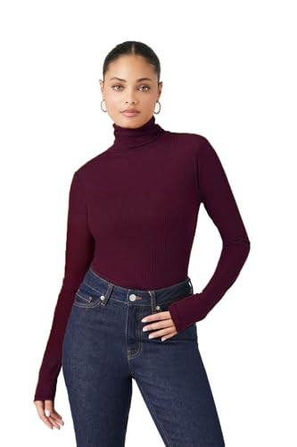Emmalise Womens Turtleneck Top Long Sleeves Fitted Ribbed Top - Burgundy, Large | Amazon (US)