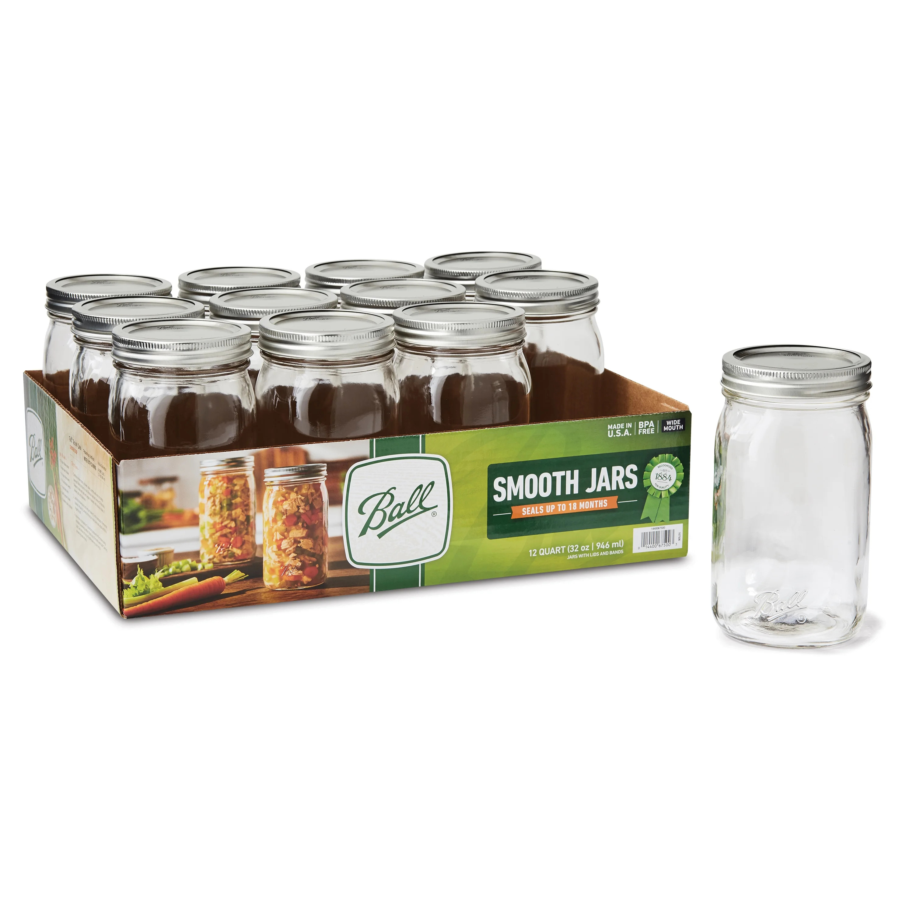 Ball, Smooth-Sided Glass Mason Jars with Lids & Bands, Wide Mouth, 32 oz, 12 Count | Walmart (US)