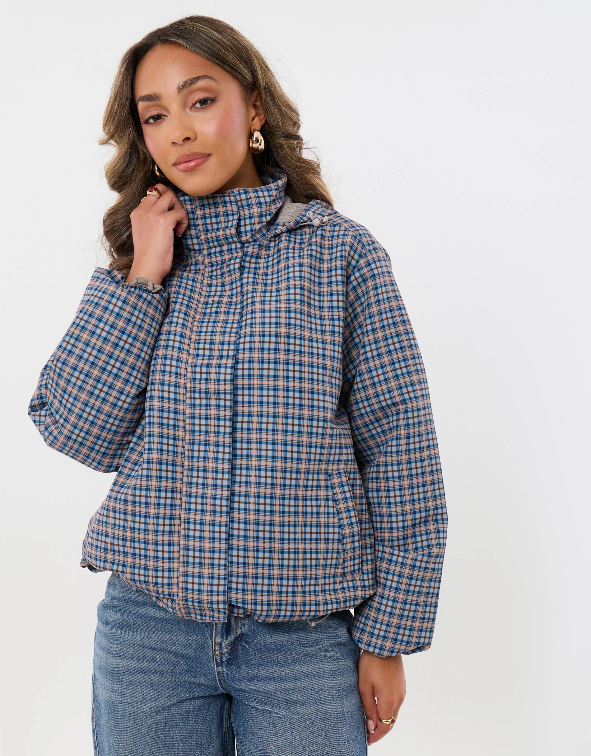 Showerproof Funnel Neck Rain Mac in Blue Check | Threadbare UK
