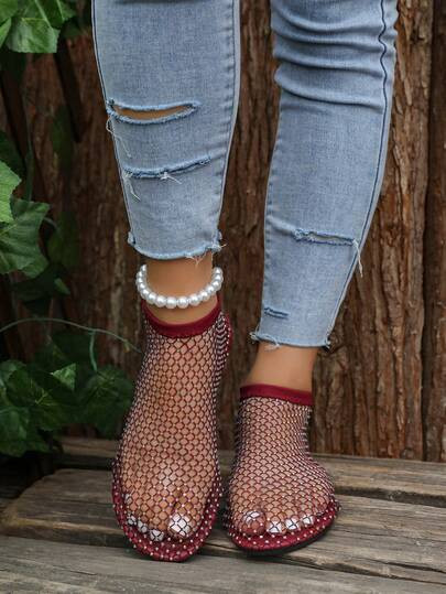 2026 Spring/Summer New Soft Round Toe Fishnet Socks Rhinestone Slip-On Casual Outdoor Breathable Large Size Hollow Sandals Flat Shoes | SHEIN