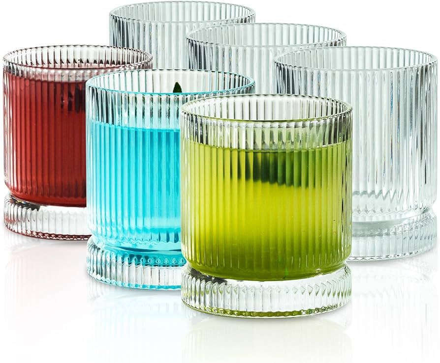 Ribbed Glass Cups Set, 13oz Vintage Drinking Glassware Set, 6 Piece Premium Glassware, Elegant Mi... | Amazon (US)