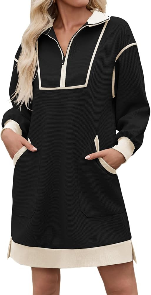 Wenrine Women's Oversized Sweatshirt Dress Half Zip V Neck Long Sleeve Contrast Fall Casual Mini ... | Amazon (US)