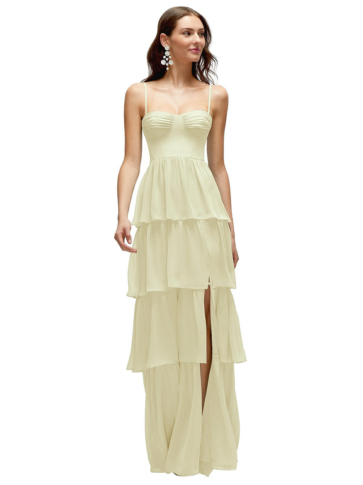 Bustier-Style Chiffon Tiered Ruffle Maxi Dress with Adjustable Straps in Butter Yellow | The Dessy Group