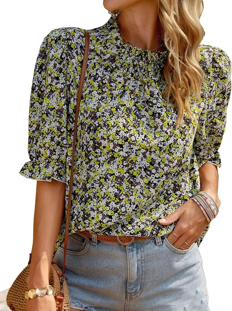 BTFBM Womens Tops 2026 Dressy Casual Blouses Summer Spring Clothes Mock Neck Short Sleeve Shirts ... | Amazon (US)