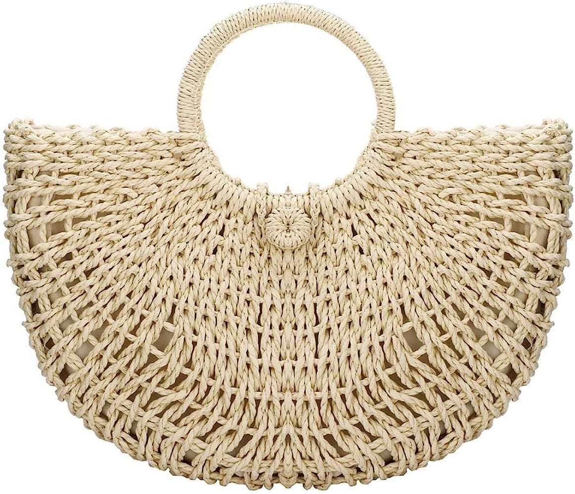 Straw Bags for Women,Hand-woven Straw Top-handle Bag with Round Ring Handle Summer Beach Rattan T... | Amazon (US)