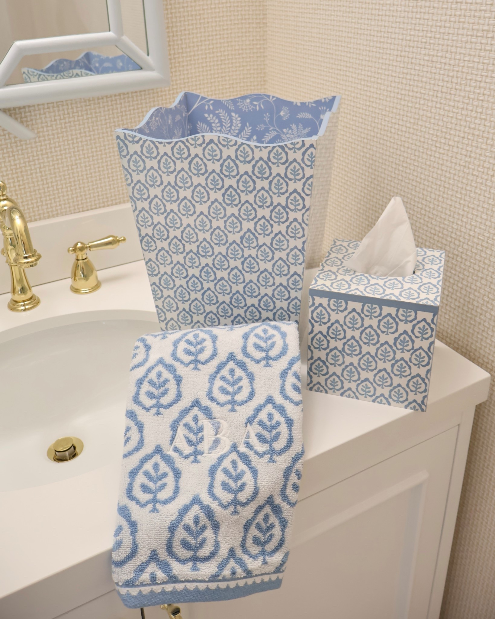 coastal bathroom decor, blue and white bathroom accessories, Mark and Graham Sanderson collection, traditional bathroom decor, preppy home decor, guest bathroom styling, brass bathroom fixtures, classic coastal interior design, powder room decorating ideas, Monogram Towel

#LTKSaleAlert #LTKHome #LTKSpringSale